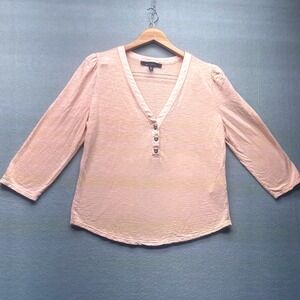 White House Black Market Peach Slub Henley Top 3/4 Sleeve V-Neck Women's L